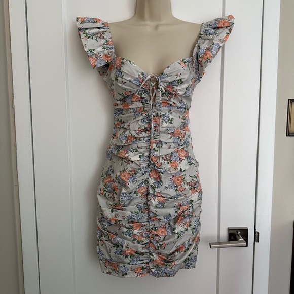NWT - House of CB - Floral Ruched Cotton Ruffle Dress - Picture 3 of 12